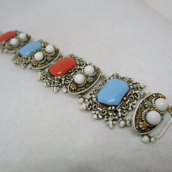 Vintage 1950s Enamel Celluloid Cabochon Section Bracelet Antiqued White Enamel - Picture 2 of 12